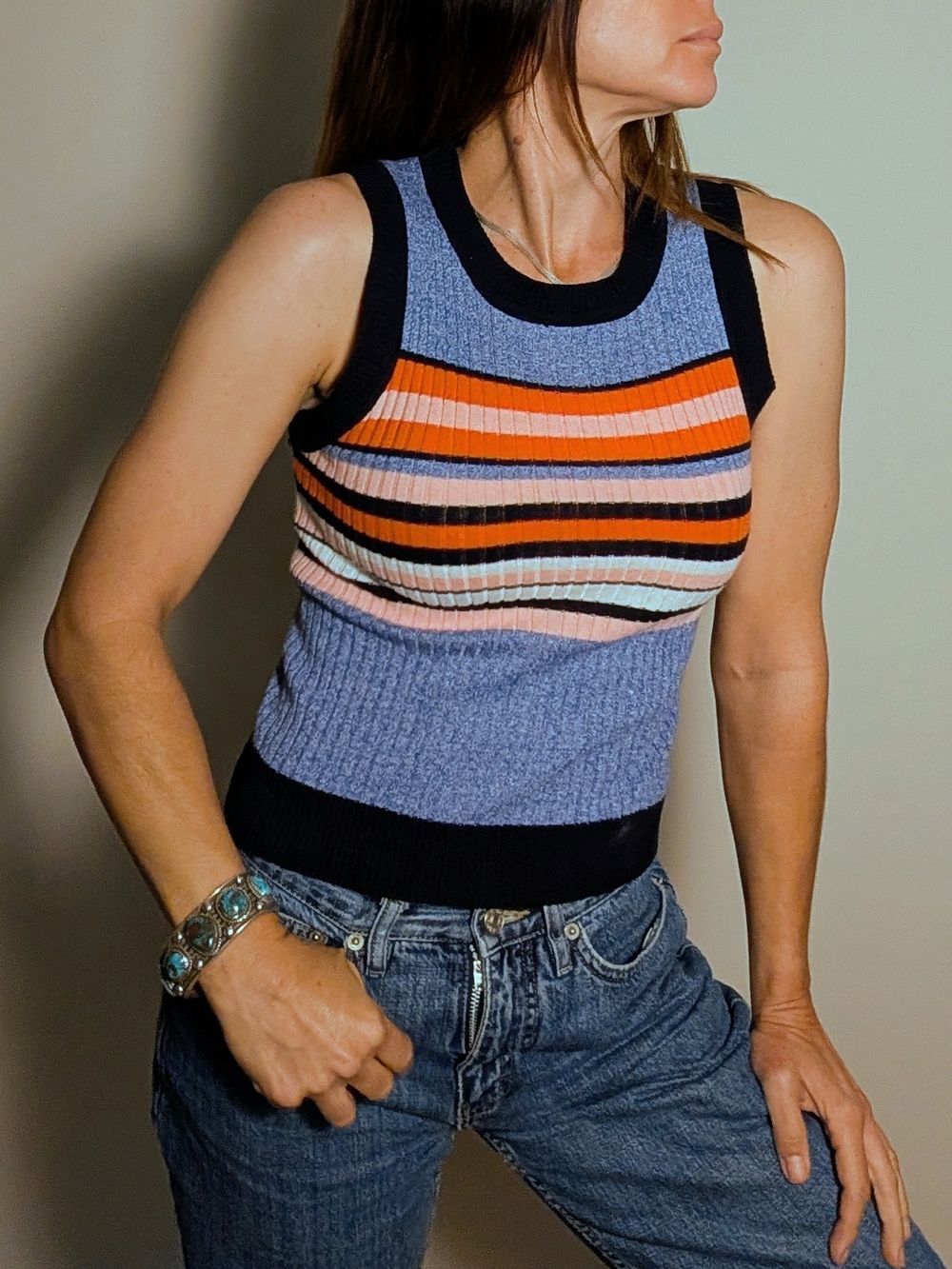 💙 Blue Ribbed Tank with Orange, Pink & Black Stripes